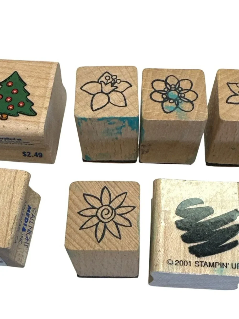 Assorted Wooden Rubber Stamps Christmas & Floral Theme Crafting Set All Night